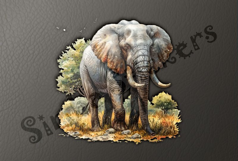 Elephant in brown grass in front of green tree, watercolour, uvqbur