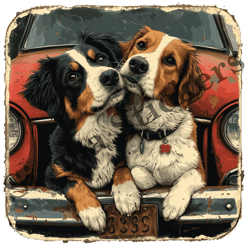 Dogs snuggling by car, watercolour, image set, 10 images