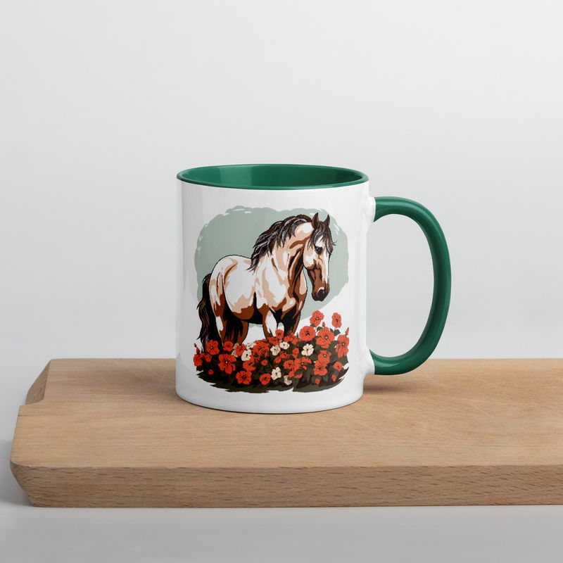 White Ceramic Mug with Color Inside, 11&amp;15oz, Brown horse in field of red flowers, n4w2fj