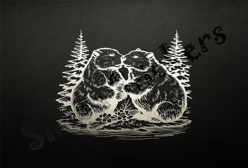 Beavers nose-to-nose in the woods, outline art