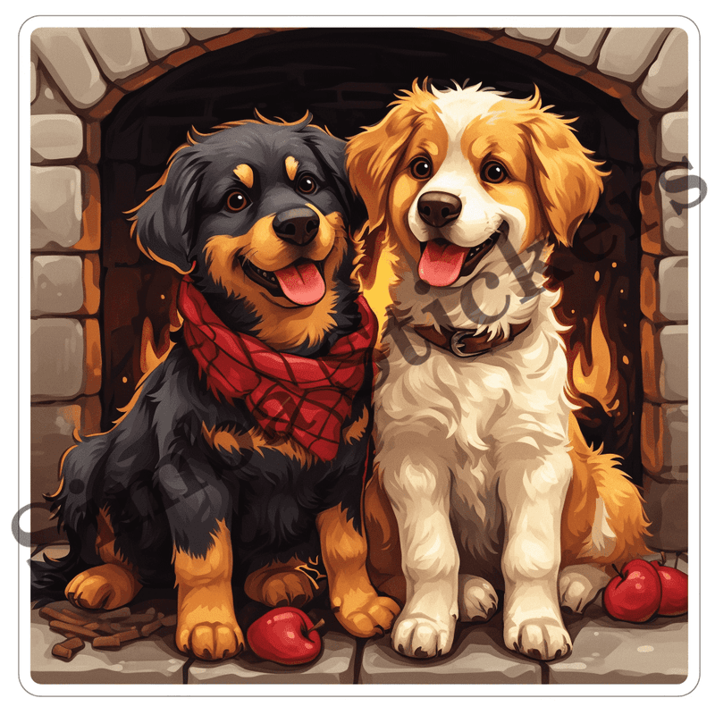 Dogs cuddling by fireplace, image set, 10 images