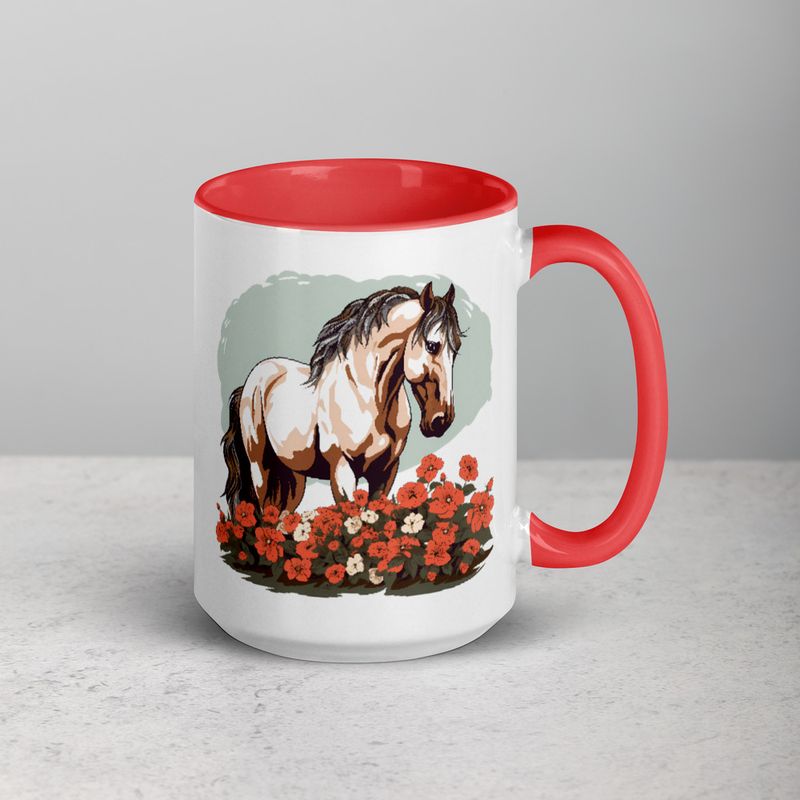White Ceramic Mug with Color Inside, 11&amp;15oz, Brown horse in field of red flowers, n4w2fj