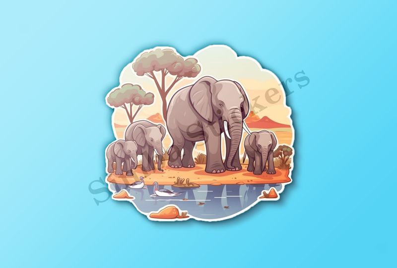 African elephant family at a pond in the Savanna