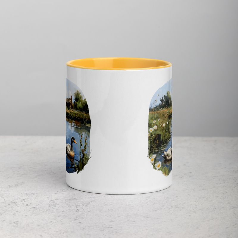 White Ceramic Mug with Color Inside, 11 &amp;15oz, Ducks in love swimming in farmhouse pond 