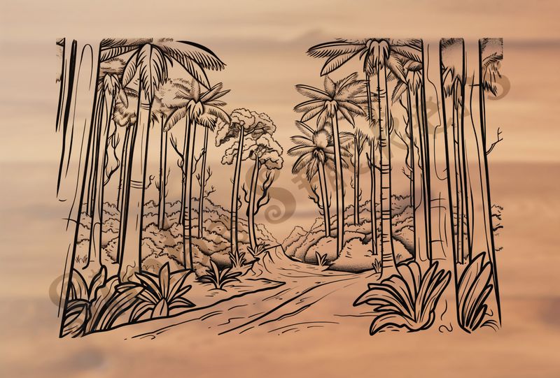 Equatorial Rainforest landscape, flowing river, outline art