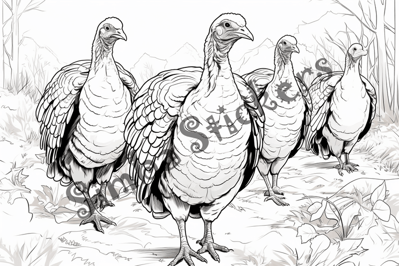 Colouring pages, bundle of turkeys, 50 images