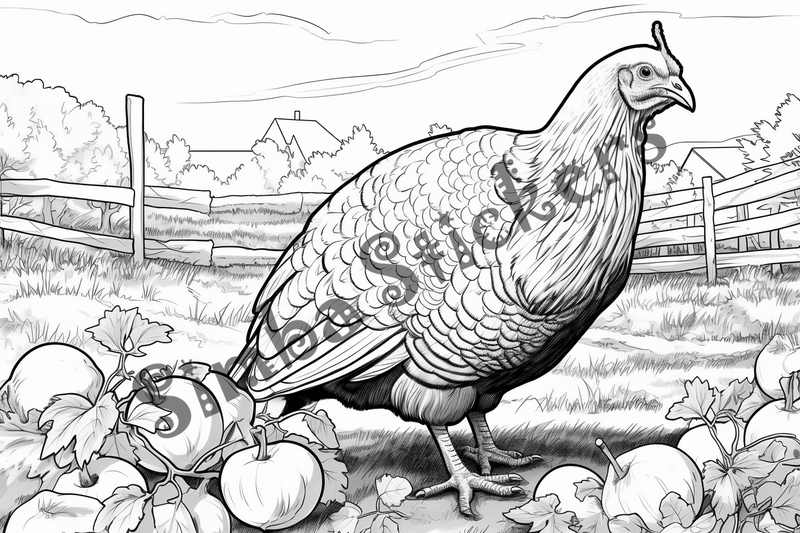 Colouring pages, bundle of turkeys on a farm, 25 images