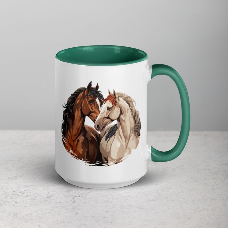 White Ceramic Mug with Color Inside, 11&amp;15oz, Horses nose-to-nose, jbgjpy