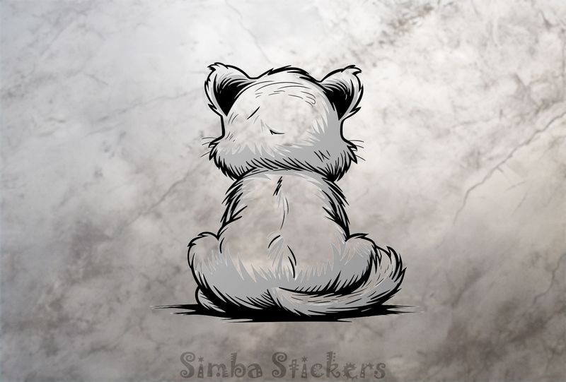 Lion cub sitting down, from the back, outline art, r0e5aj