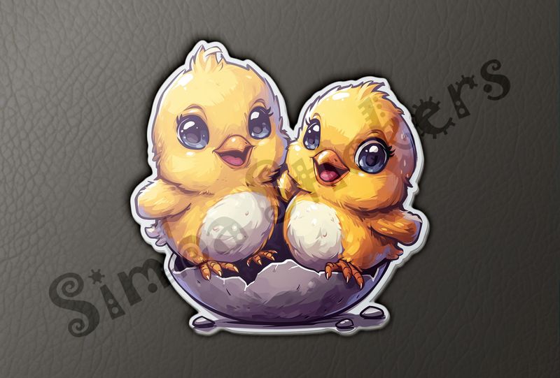 Happy Chick twins standing on eggshell