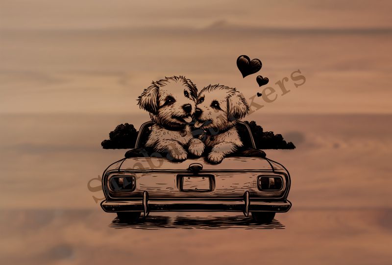 Dogs in love sitting on the trunk of a car, outline art, a6behd