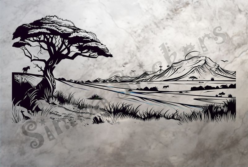 African Savanna landscape, tree up close, mountain range afar, outline art