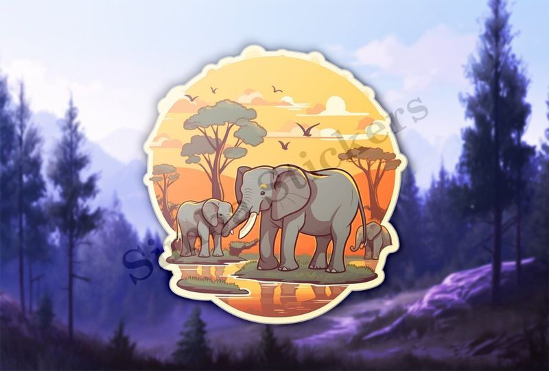 African elephant family at a pond in the Savanna