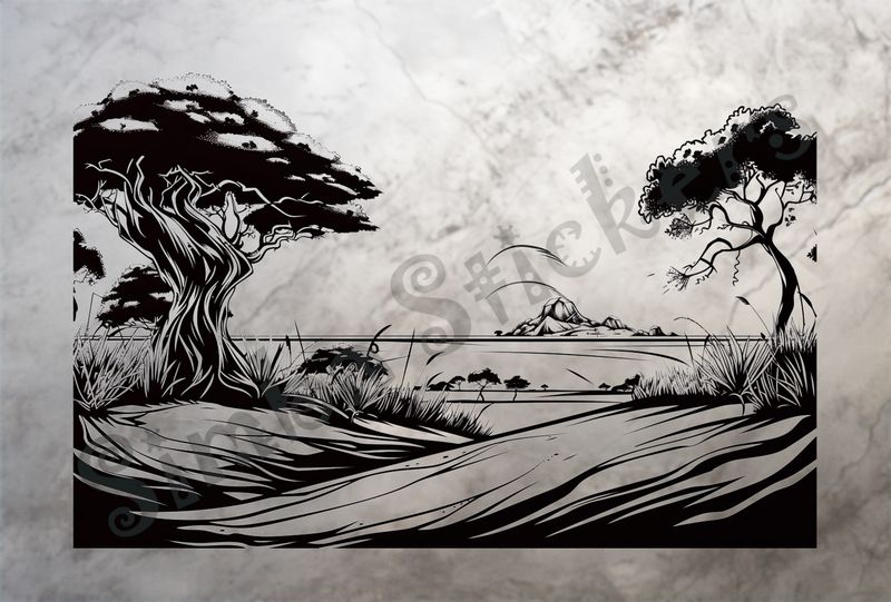 African Savanna landscape, hills in background, outline art