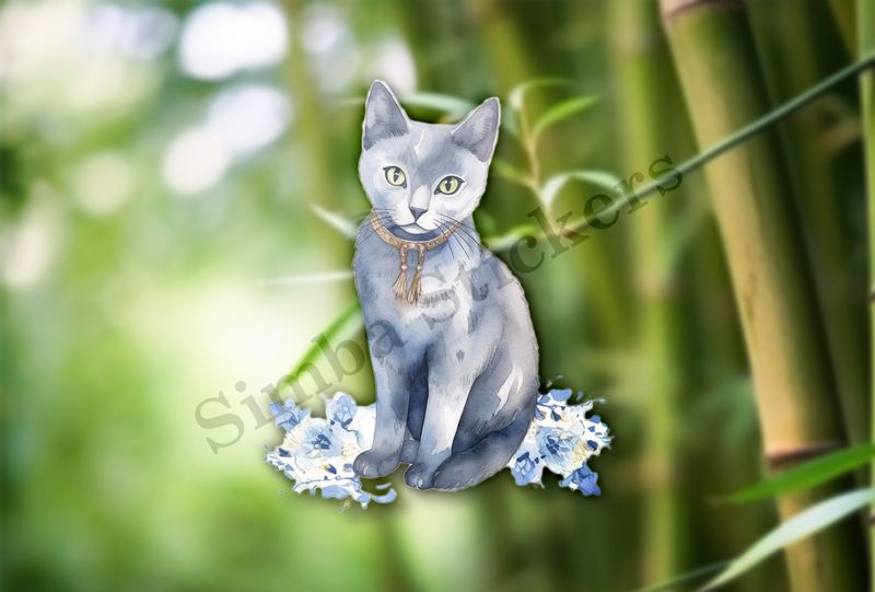 Russian blue cat sitting, watercolour