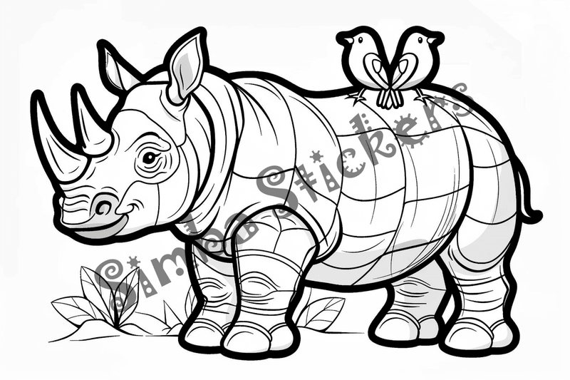 Colouring pages, bundle of rhinos with birds on back, 10 images