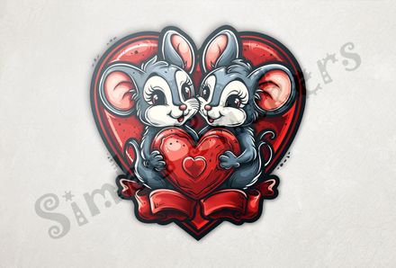 Mice in happily holding onto Valentine&#x27;s heart, inside larger heart