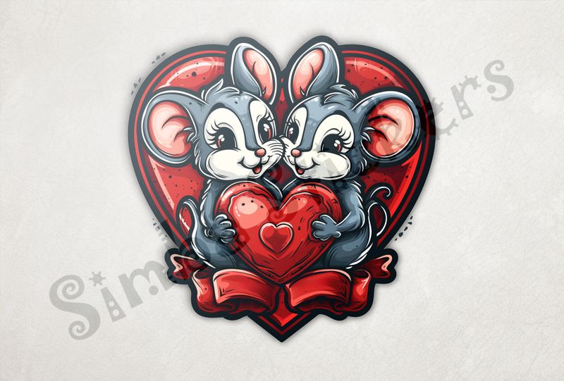 Mice in happily holding onto Valentine&#x27;s heart, inside larger heart