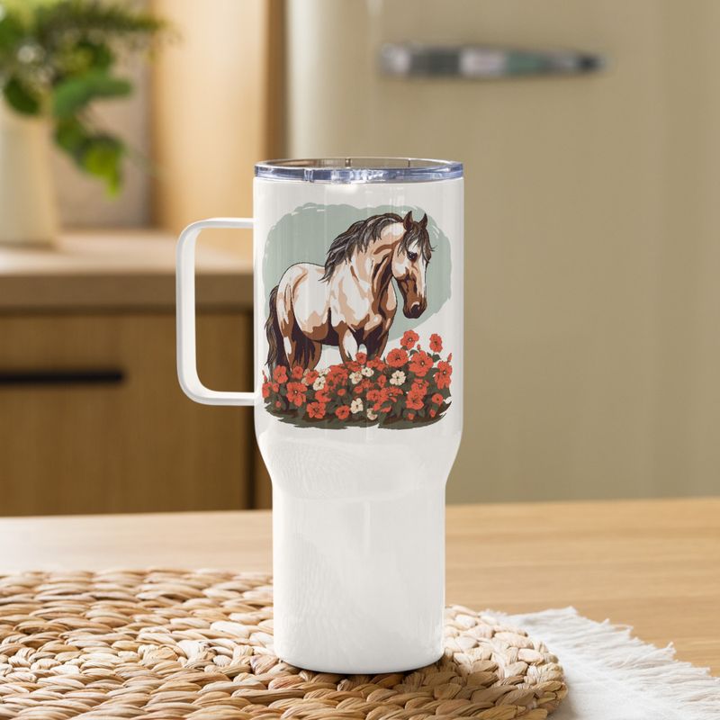 Travel Mug, Cattle, Brown horse in field of red flowers, n4w2fj