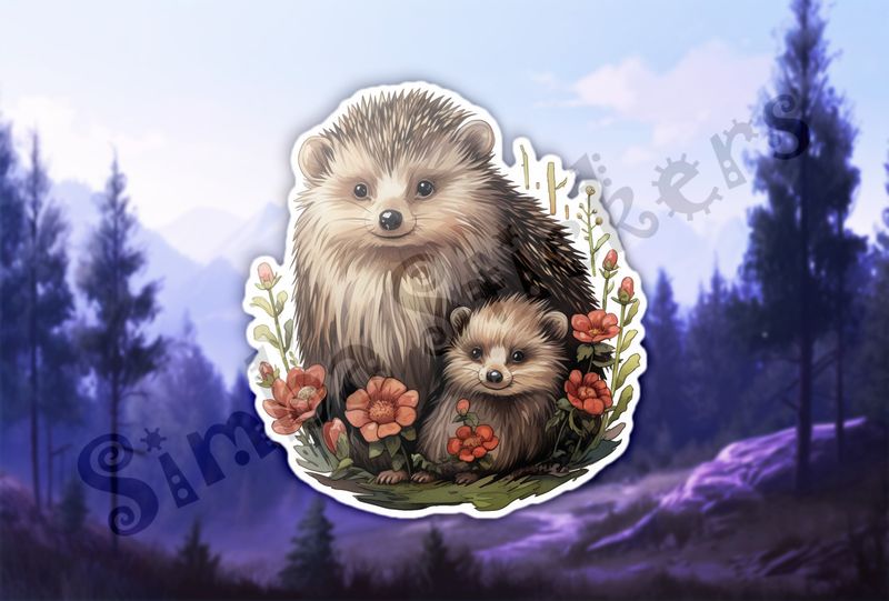Porcupine mother with child amongst flowers