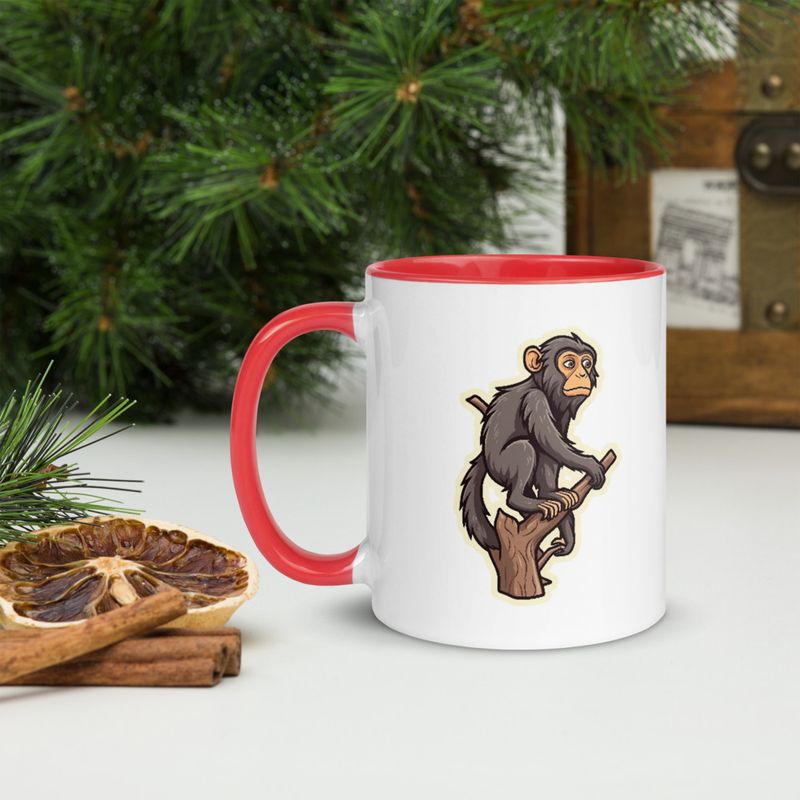 White Ceramic Mug with Color Inside, 11oz &amp; 15oz, Baboon on a tree, looking sad, head-to-head