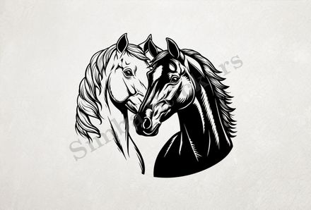 Horses in love, black and white bust outline art