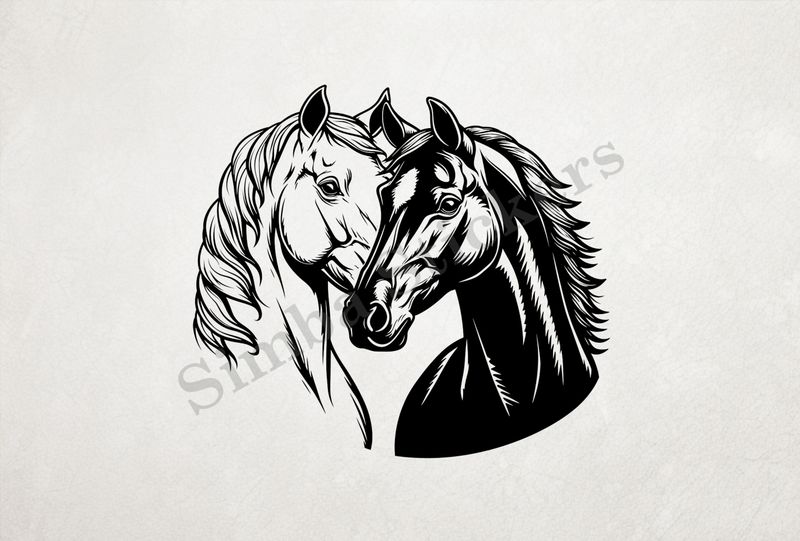 Horses in love, black and white bust outline art