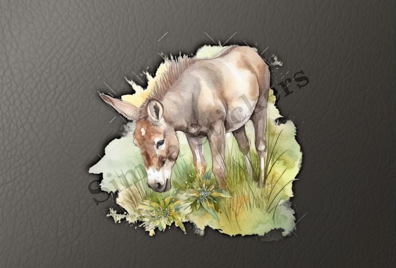 Donkey eating grass, watercolour
