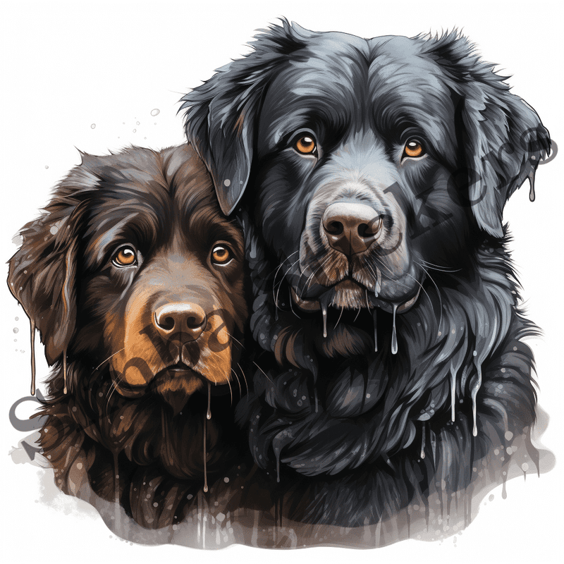 Newfoundland dogs wet in the rain, watercolour, image set, 10 images