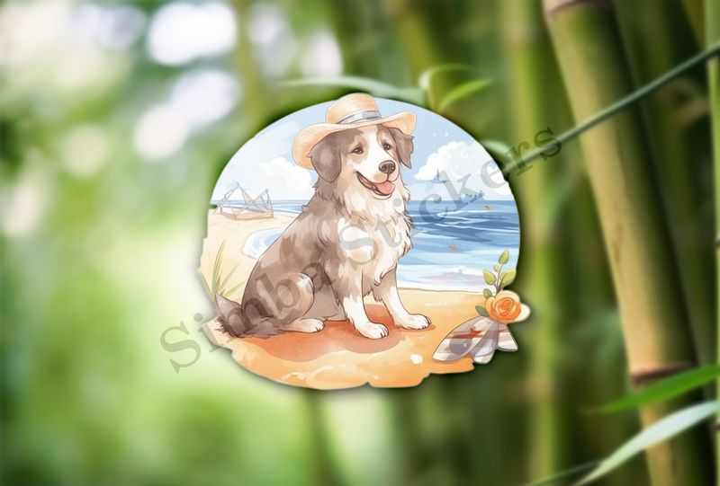 Dog with a hat on the beach, watercolour