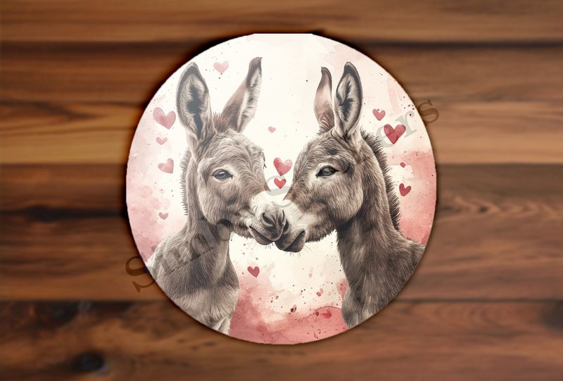 Small donkeys in love, hearts all around, watercolour