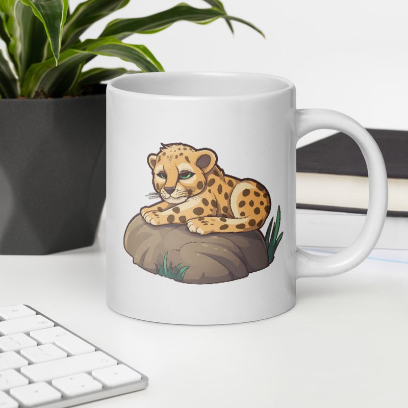 White Glossy Mug, 20oz, Baby cheetah on a rock, head-to-head