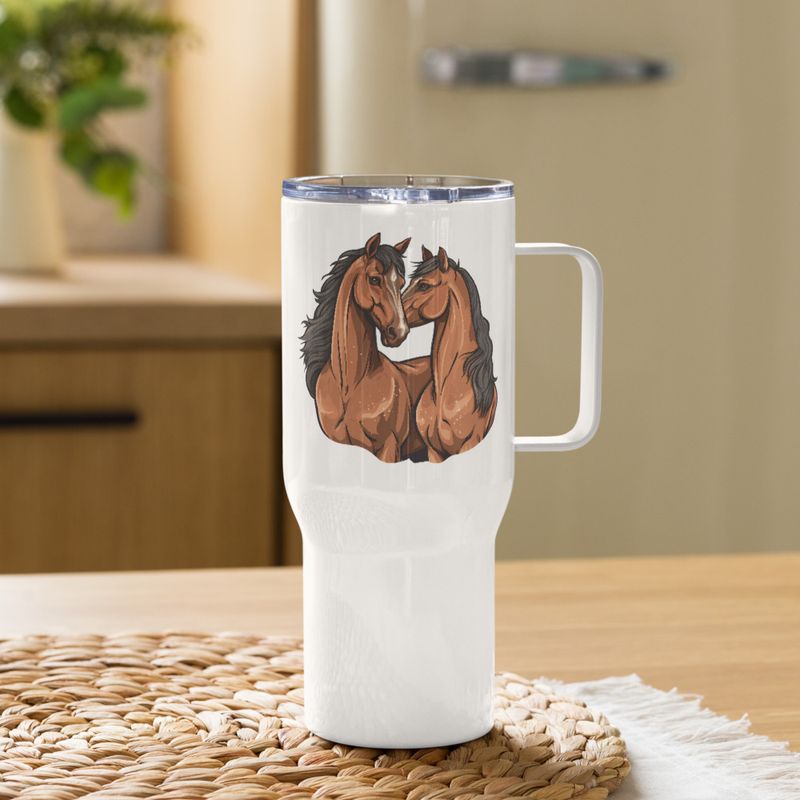 Travel Mug, Cattle, Two brown horses snuggling, tdwcyd