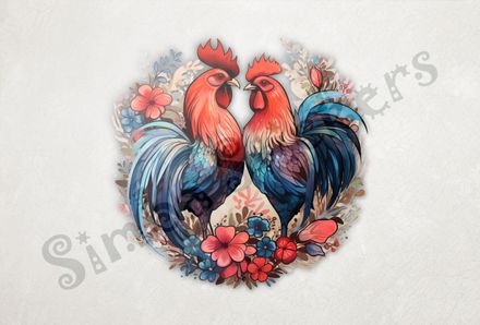 Cock and hen in love, flowers all over, watercolour