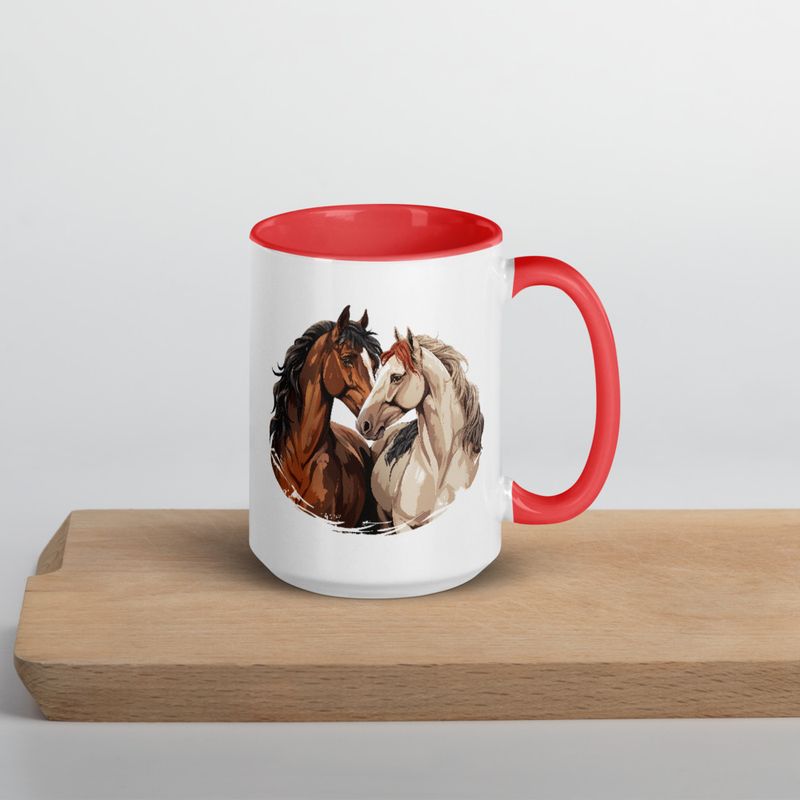 White Ceramic Mug with Color Inside, 11&amp;15oz, Horses nose-to-nose, jbgjpy