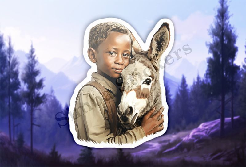 Donkey hugged by small child of African origin