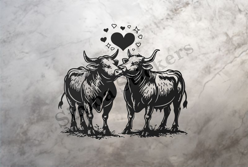 Cattle,  bull and cow in love , standing in the grass, outline art