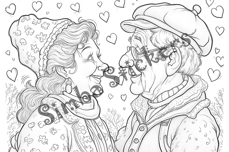Colouring pages, bundle of people, grandparents in love, 25 images
