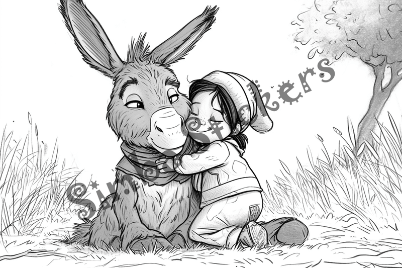 Colouring pages, bundle of donkeys with children, 10 images