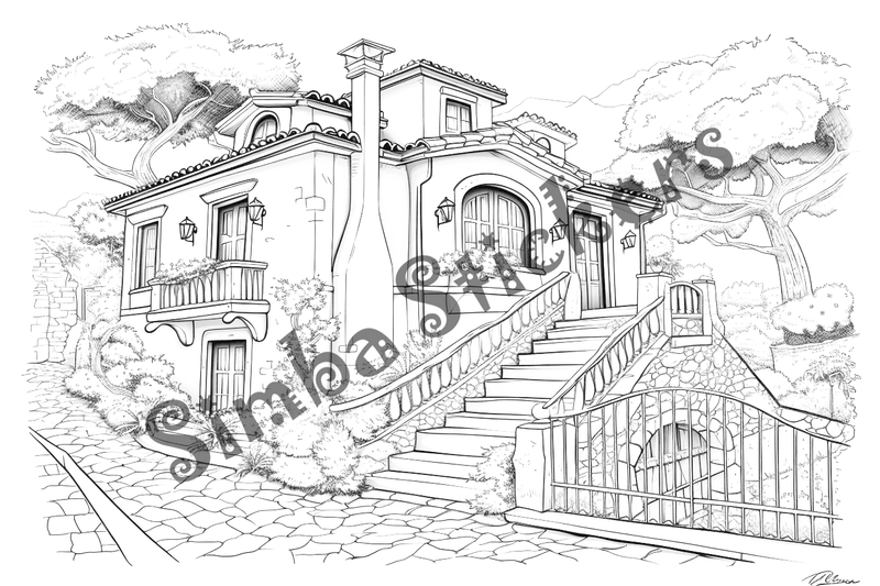 Colouring pages, bundle of houses, Mediterranean, 10 images