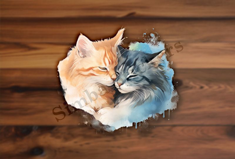 Cats cuddling, watercolour