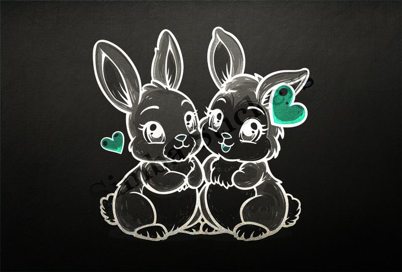 Cute bunnies in love, cheek-to-cheek, hearts in air, outline art