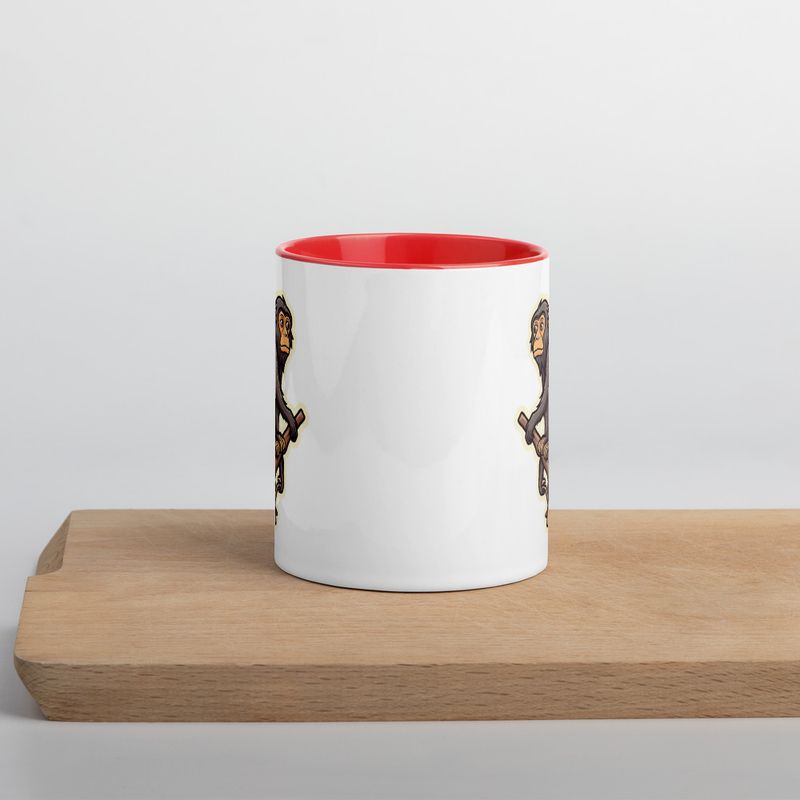 White Ceramic Mug with Color Inside, 11oz &amp; 15oz, Baboon on a tree, looking sad, head-to-head