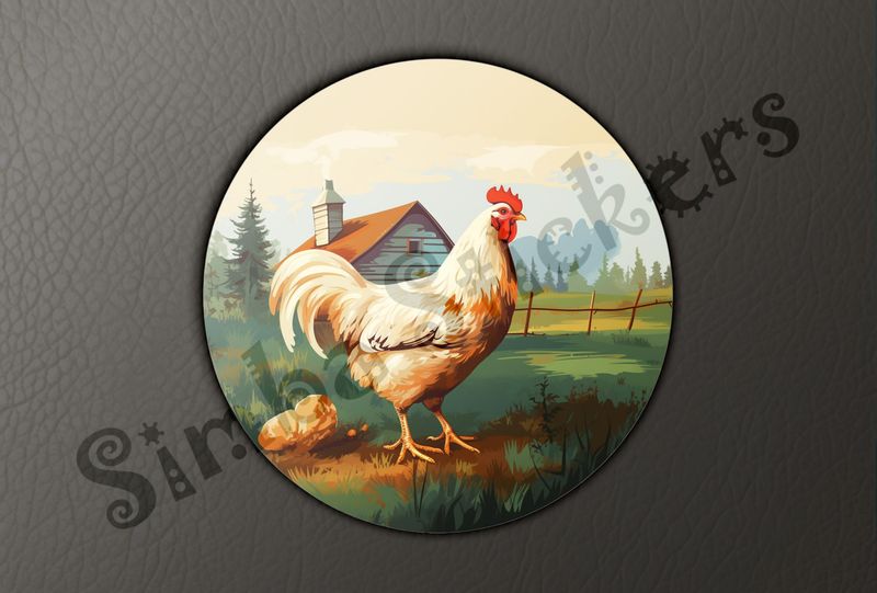 White chicken, free-range, with farmhouse in background