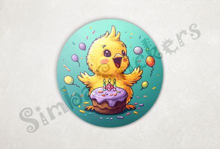 Jubilant Chick behind birthday cake with candles