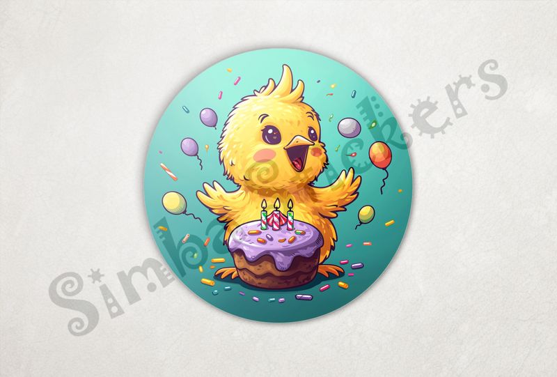 Jubilant Chick behind birthday cake with candles