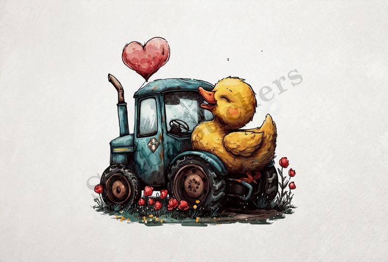 Duckling sitting appreciatingly on farmer&#x27;s tractor