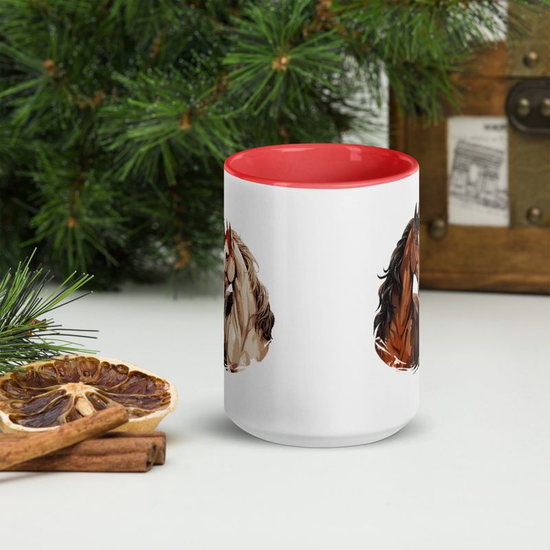 White Ceramic Mug with Color Inside, 11&amp;15oz, Horses nose-to-nose, jbgjpy
