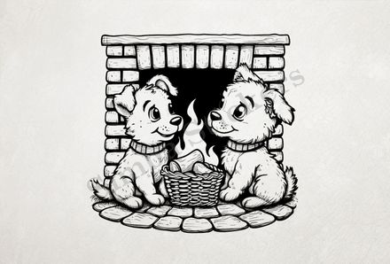 Cute dogs in glasses by the fireplace, with a basket of wood, outline art