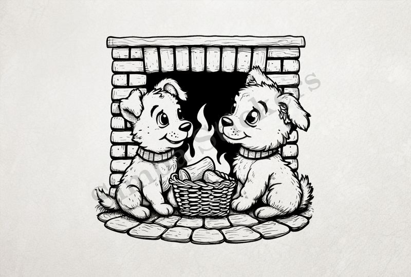 Cute dogs in glasses by the fireplace, with a basket of wood, outline art